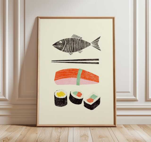 Sushi Kitchen Poster, Minimalist Japanese Food Wall Art, Modern Sushi Roll Print, Salmon Nigiri Illustration, Asian Cuisine Decor Artwork - image 1