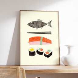 Sushi Kitchen Poster, Minimalist Japanese Food Wall Art, Modern Sushi Roll Print, Salmon Nigiri Illustration, Asian Cuisine Decor Artwork - thumbnail 2