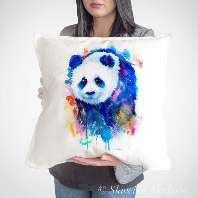 Panda Throw Pillow Cover By Slaveika Aladjova, Cushion Cover, Decorative Pillow Cover, Animal Art, Watercolor Pillow, Christmas Gift - image 1
