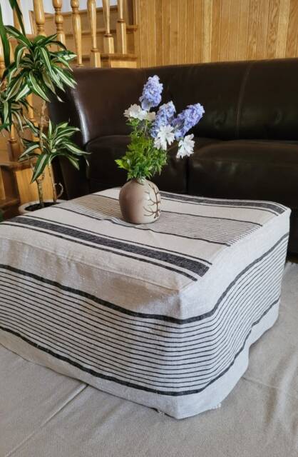Linen Ottoman Slipcover Black Stripes Cover Custom Ikea Linen Cube Slipcover. Cube Bench Pouf Sofa Customsize - image 1