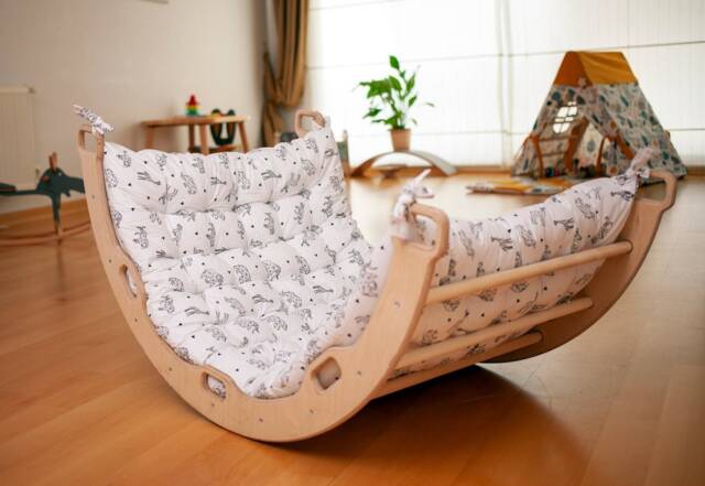 Montessori Gym With Xl Cushion & Climbing Ramp, Indoor Swing For Toddler, Boho Nursery Furniture - image 1