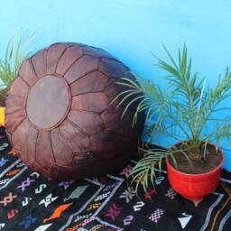 Set Of 2 Moroccan Leather Poufs Round Ottoman Footstools - thumbnail 3