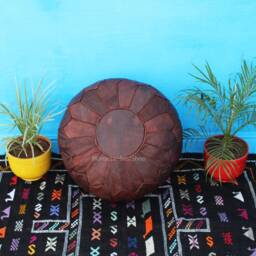 Set Of 2 Moroccan Leather Poufs Round Ottoman Footstools - thumbnail 2