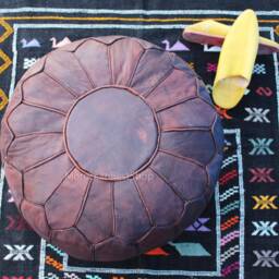 Set Of 2 Moroccan Leather Poufs Round Ottoman Footstools - thumbnail 4
