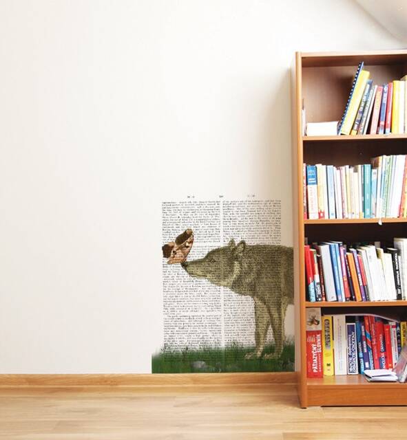 Wolf & Moth On Newspaper Wall Sticker Decal - Kids Stickers, Animals Childrens Decals, Art, Room