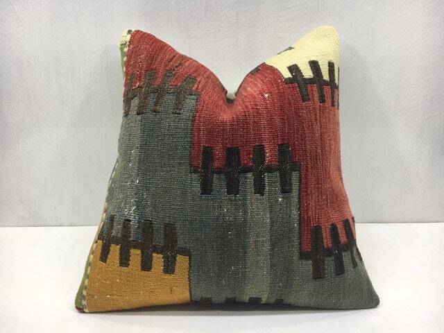 Handwoven Kilim Pillow Cover, Vintage Turkish Pillow, Rustic Home Decor - 16x16 - image 1