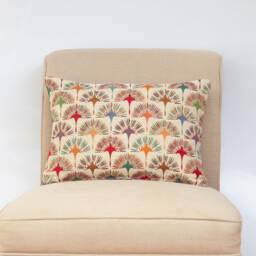 Multicoloured Retro Dandelion Tapestry Boudoir Cushion. Double Sided. Heavyweight Fabric. Geometric Floral Design. 17x12
