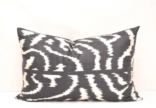 Black Ikat Pillow Cover, Handloom Woven, Decorative Cushion - 14x23 Inches - image 1