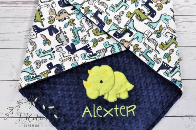 Dinosaur Minky Baby Blanket-Personalized Triceratops Dino Blanket-Personalized Baby Boy Blanket-Navy Blue & Lime Green Blanket - image 1