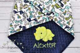 Dinosaur Minky Baby Blanket-Personalized Triceratops Dino Blanket-Personalized Baby Boy Blanket-Navy Blue & Lime Green Blanket - thumbnail 1