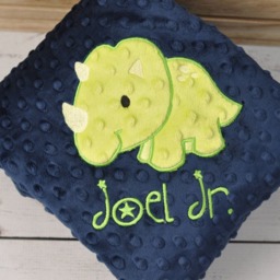 Dinosaur Minky Baby Blanket-Personalized Triceratops Dino Blanket-Personalized Baby Boy Blanket-Navy Blue & Lime Green Blanket - thumbnail 2