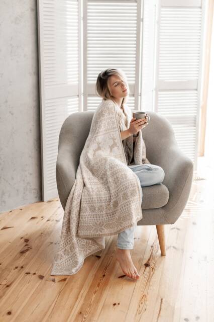 Beige Knitted Wool Blanket, Christmas Gift Idea, Scandinavian Throw, Taupe Cover, Nordic Holiday Home Decor, Cable Knit Afghan - image 1