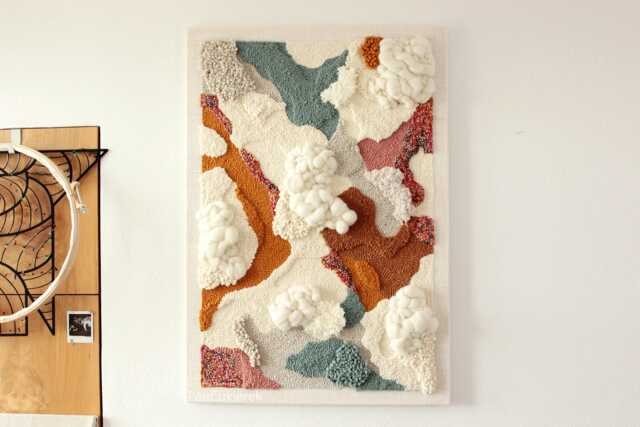 Sunlit - Yarn Painting With Textured Clouds, Abstract Textile Wall Art, Modern Wool Hanging - image 1