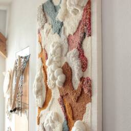 Sunlit - Yarn Painting With Textured Clouds, Abstract Textile Wall Art, Modern Wool Hanging - thumbnail 3