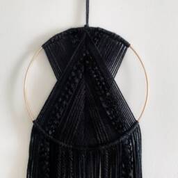 Black Yarn Hoop Wall Hanging, Bohemian Home Decor - thumbnail 2