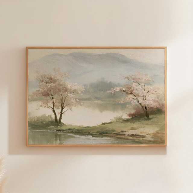 Pink Blossom Poster, River Landscape Print, Nature Wall Art, Paper - image 1