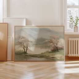 Pink Blossom Poster, River Landscape Print, Nature Wall Art, Paper - thumbnail 4