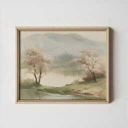 Pink Blossom Poster, River Landscape Print, Nature Wall Art, Paper - thumbnail 3