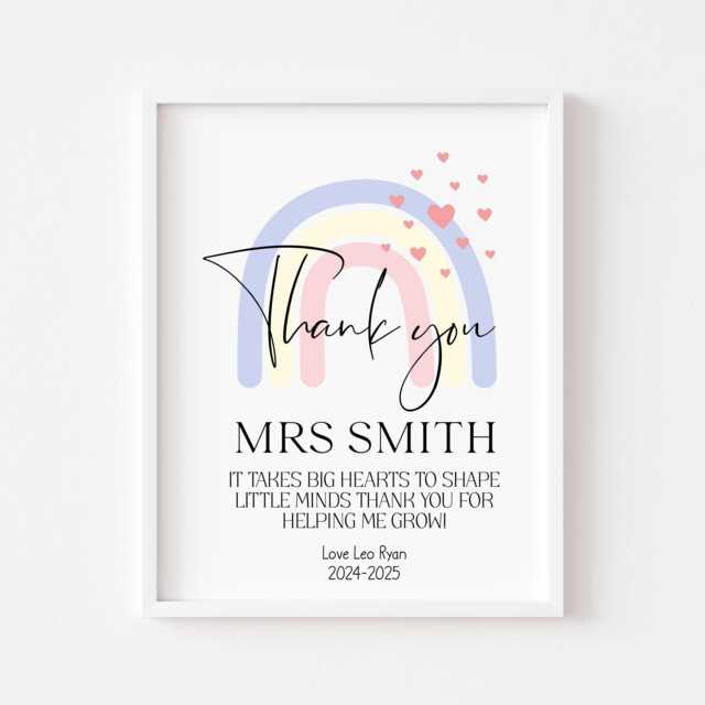 Personalised Rainbow Hearts Thank You Teacher Or Nursery Gift Unframed Wall Art Poster Print - image 1