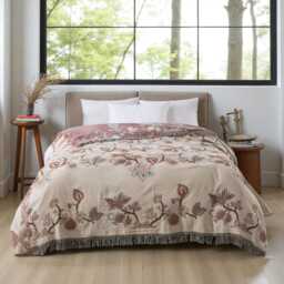 Vintage Floral Cotton Throw Blanket Handmade Fringed Bohemian Sofa - thumbnail 2