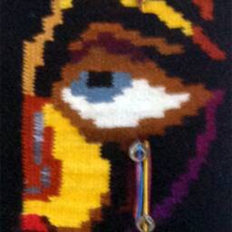 "Handwoven Wool Wall Hanging ""The Mask - Scene Of A Man" - thumbnail 2