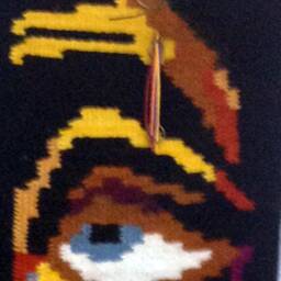 "Handwoven Wool Wall Hanging ""The Mask - Scene Of A Man" - thumbnail 3
