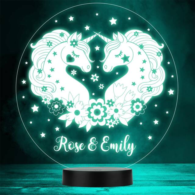 Two Unicorns With Flowers & Hearts Led Personalised Gift Night Light - image 1