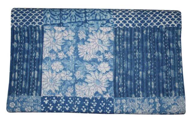 Indigo Blue Patchwork Kantha Quilt, Handmade Cotton Bed Cover - image 1