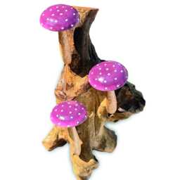 Wall-Hanging Violet Spotted Mushroom Trio On Teak Root Base - thumbnail 2