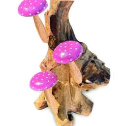 Wall-Hanging Violet Spotted Mushroom Trio On Teak Root Base - thumbnail 3