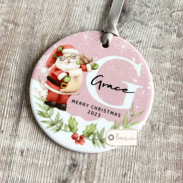 Personalised Merry Christmas Tree Santa Gift Bauble Acrylic Or Ceramic Round Ornament Keepsake Decoration - image 1