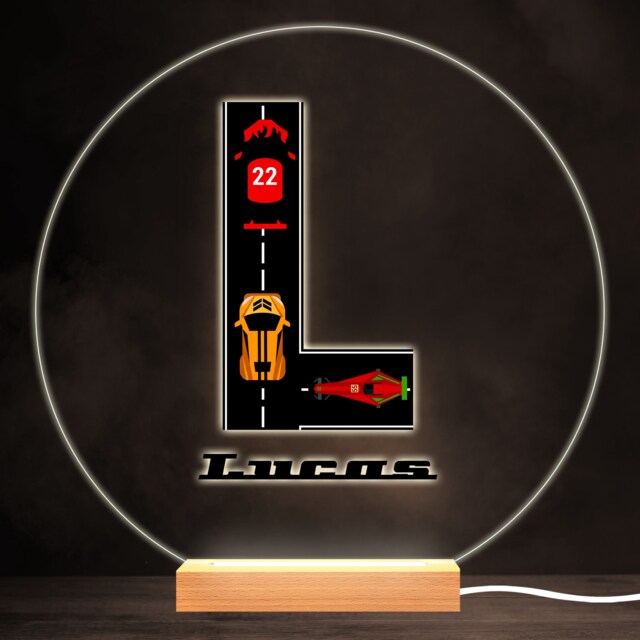 Road Racing Cars Letter L Colourful Round Personalised Gift Led Lamp Night Light - Bedroom - image 1