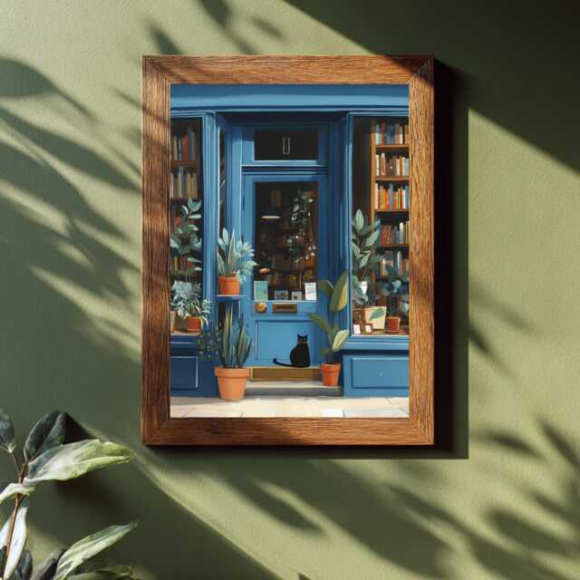 Blue Bookstore Art Print, Book Lover Gift, Shop Front Poster, Reading Nook Decor, Black Cat Illustration, Literary Wall Art, Plants, Library - image 1