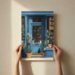 Blue Bookstore Art Print, Book Lover Gift, Shop Front Poster, Reading Nook Decor, Black Cat Illustration, Literary Wall Art, Plants, Library - thumbnail 2