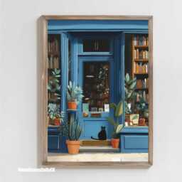 Blue Bookstore Art Print, Book Lover Gift, Shop Front Poster, Reading Nook Decor, Black Cat Illustration, Literary Wall Art, Plants, Library - thumbnail 3