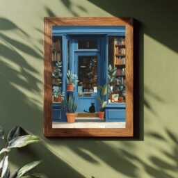 Blue Bookstore Art Print, Book Lover Gift, Shop Front Poster, Reading Nook Decor, Black Cat Illustration, Literary Wall Art, Plants, Library - thumbnail 1