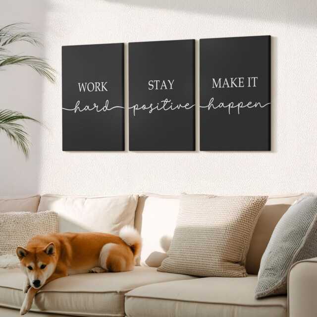 Canvas Set Of 3 Wall Art - Elegant Motivational Slogans On A Black Background, Photo Print, Sentences Decor - image 1