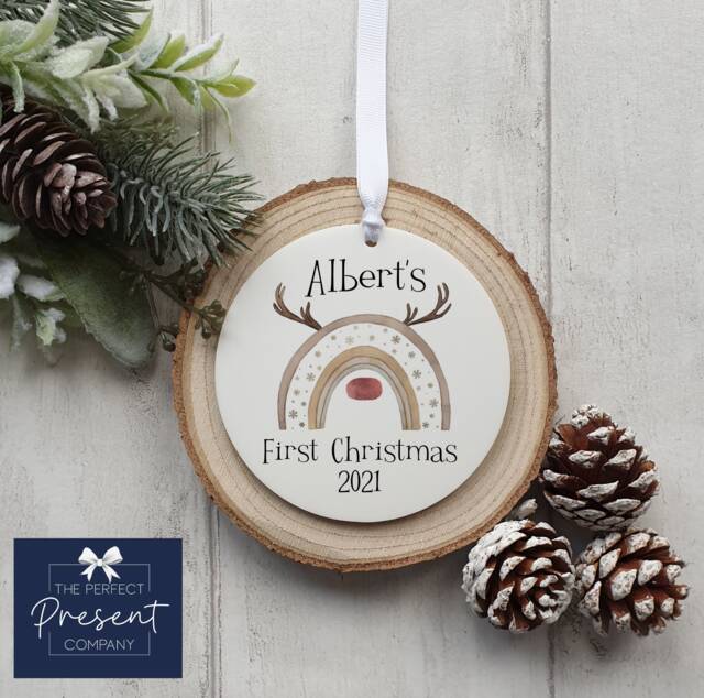 Personalised First Christmas Decoration - Baby Gift Rainbow Reindeer Reinbow - image 1