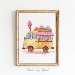 Ice Cream Truck Watercolor Art Print Playroom Decor - thumbnail 2