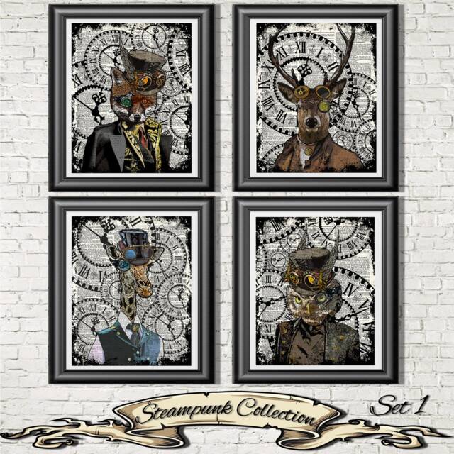 steampunk Animal Print Set Dandy Fox, Deer, Owl, Giraffe On Antique Dictionary Pages - image 1