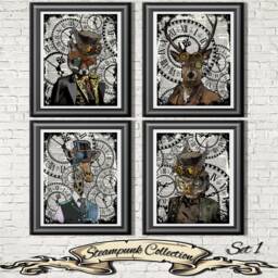 steampunk Animal Print Set Dandy Fox, Deer, Owl, Giraffe On Antique Dictionary Pages - thumbnail 1