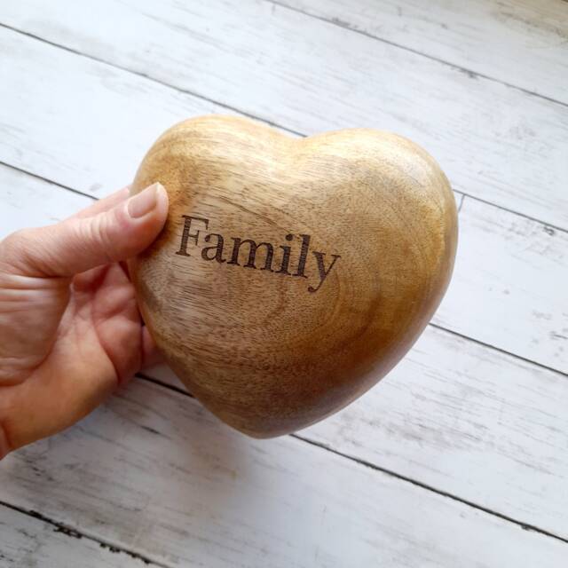 Large Family Engraved Mango Wood Hand Carved Heart Ornament - Hanging Decoration Rustic Gift - image 1