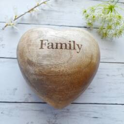 Large Family Engraved Mango Wood Hand Carved Heart Ornament - Hanging Decoration Rustic Gift - thumbnail 2