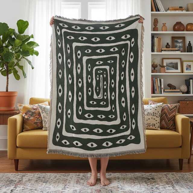 Snake Pattern Eye Throw Blanket - Green Woven Cotton Sofa & Bed 130x160cm - image 1