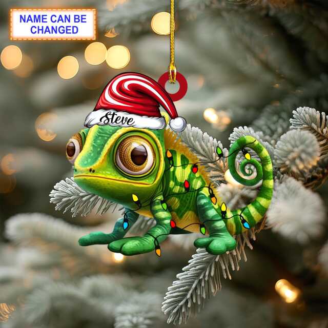 Custom Name Cute Gecko Christmas Chameleon Personalized Ornament, Tree Hanging Decor, Flat 2D Ornament - image 1