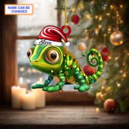 Custom Name Cute Gecko Christmas Chameleon Personalized Ornament, Tree Hanging Decor, Flat 2D Ornament - thumbnail 2