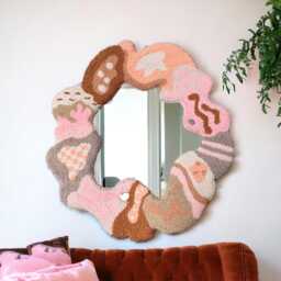 Handmade Tufted Round Mirror Pastel Pink Punch Needle Decor