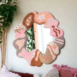 Handmade Tufted Round Mirror Pastel Pink Punch Needle Decor - thumbnail 3