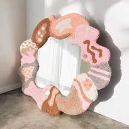 Handmade Tufted Round Mirror Pastel Pink Punch Needle Decor - thumbnail 2