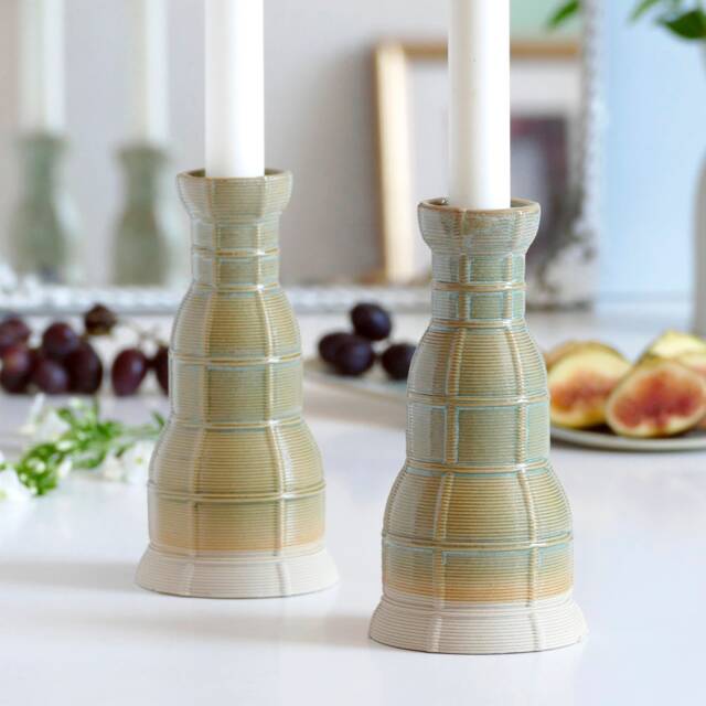 Pair Of Shabbat Candlesticks, Ceramic With Mint Glaze, Early Bird Sale, 3D Printed Clay Candleholders, Checkered Grid Pattern, Pop Style - image 1